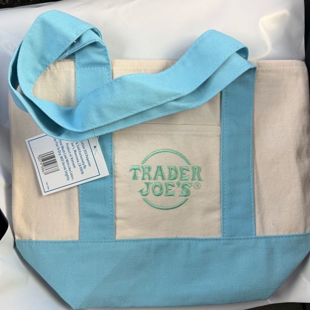 Trader Joe's Canvas Tote in Light Blue and Cream